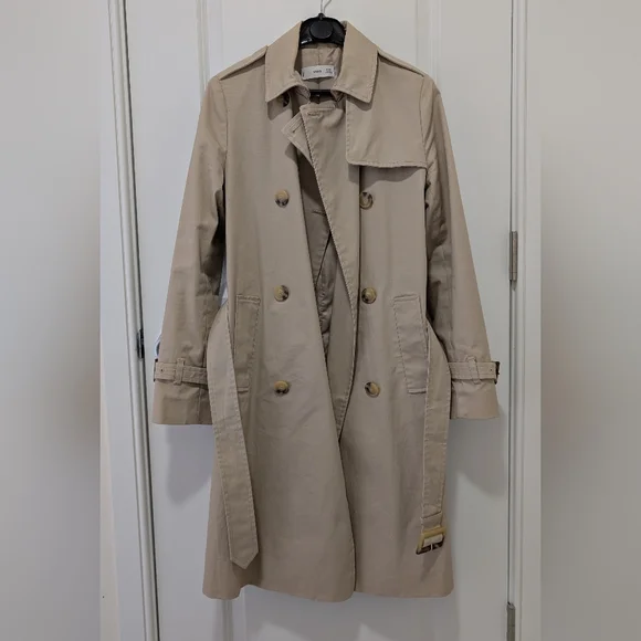 Mango Beige Double-Breasted Trench Coat with Belt - Picture 2 of 14